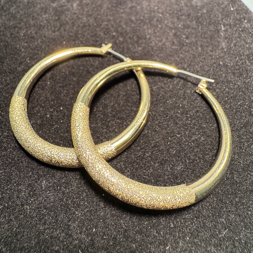 Gold-tone Hoop Earrings, 1 3/4", frosted and polished  finish.